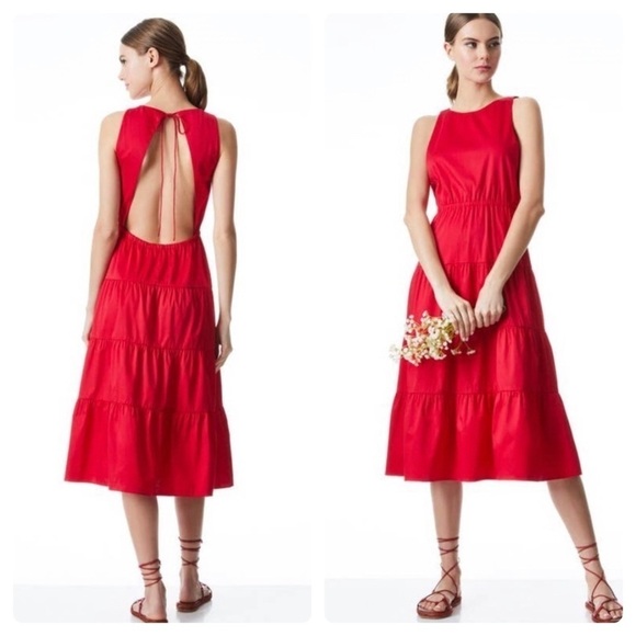Alice and Olivia Hartley Open Back Tiered Dress Red Women's Size 0 - Picture 1 of 10